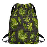Dark Tropical Leaf Pattern Print Drawstring Backpack