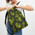 Dark Tropical Leaf Pattern Print Drawstring Backpack