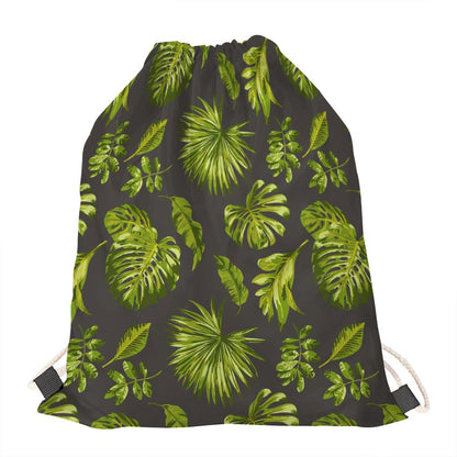 Dark Tropical Leaf Pattern Print Drawstring Bag