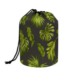 Dark Tropical Leaf Pattern Print Drawstring Makeup Bag