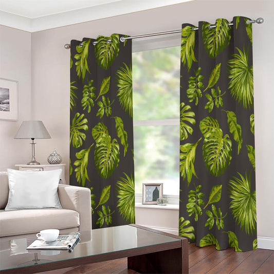 Dark Tropical Leaf Pattern Print Extra Wide Grommet Curtains