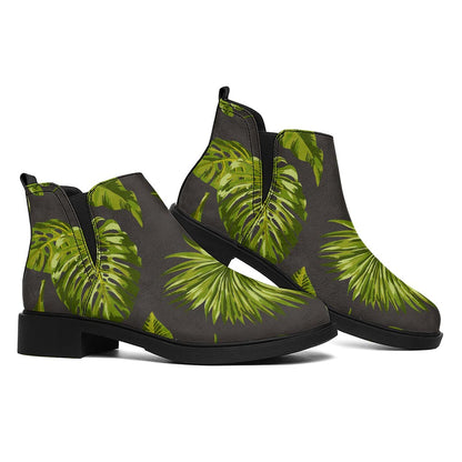 Dark Tropical Leaf Pattern Print Flat Ankle Boots