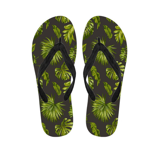Dark Tropical Leaf Pattern Print Flip Flops