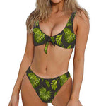 Dark Tropical Leaf Pattern Print Front Bow Tie Bikini