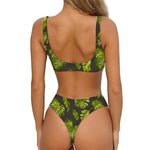 Dark Tropical Leaf Pattern Print Front Bow Tie Bikini