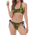 Dark Tropical Leaf Pattern Print Halter Scoop Tie Side Bikini