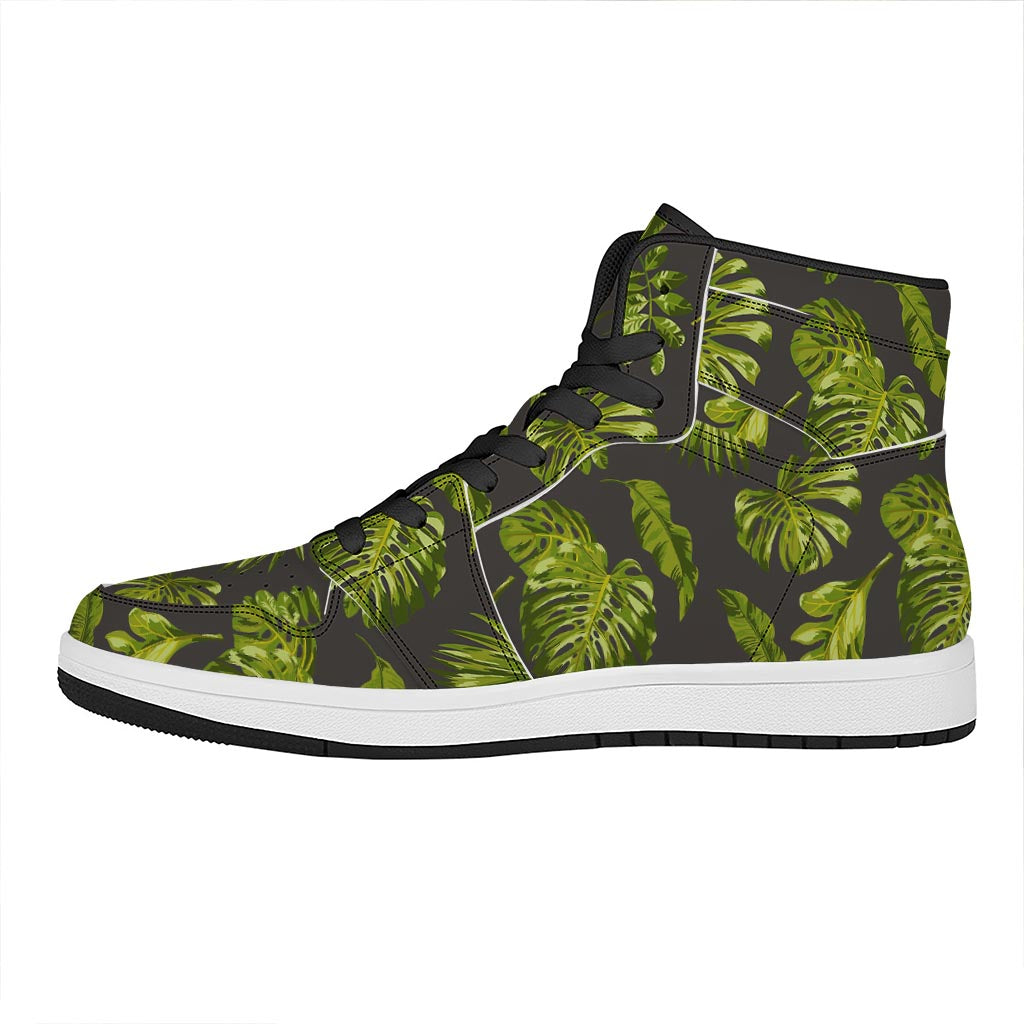 Dark Tropical Leaf Pattern Print High Top Leather Sneakers
