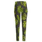 Dark Tropical Leaf Pattern Print High-Waisted Pocket Leggings