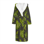 Dark Tropical Leaf Pattern Print Hooded Bathrobe