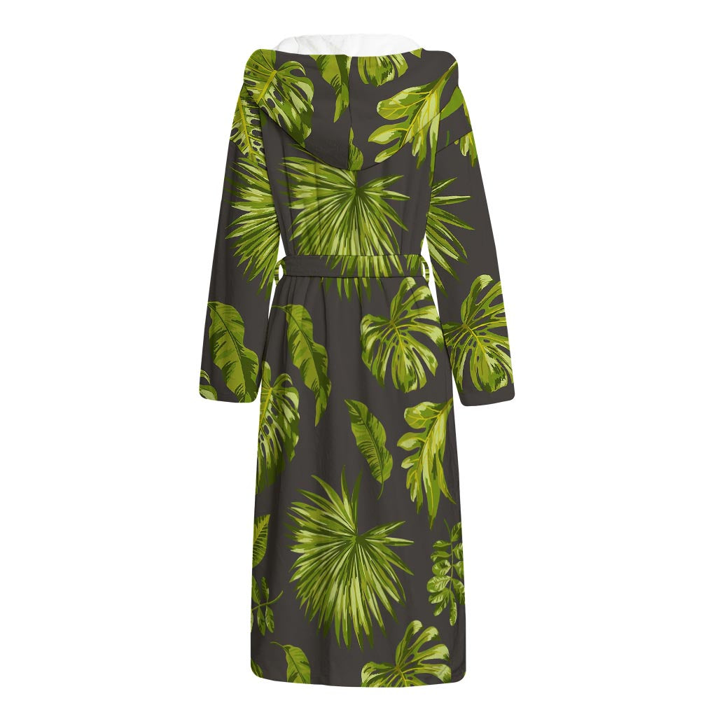 Dark Tropical Leaf Pattern Print Hooded Bathrobe