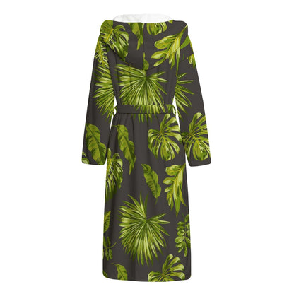 Dark Tropical Leaf Pattern Print Hooded Bathrobe