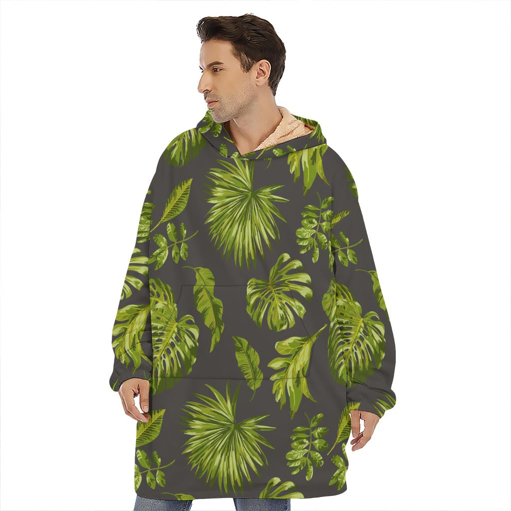 Dark Tropical Leaf Pattern Print Hoodie Blanket