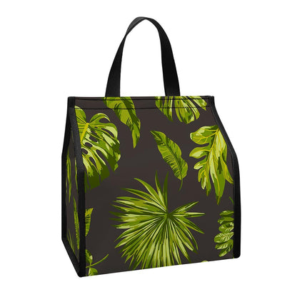 Dark Tropical Leaf Pattern Print Insulated Lunch Tote