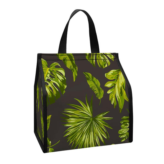 Dark Tropical Leaf Pattern Print Insulated Lunch Tote