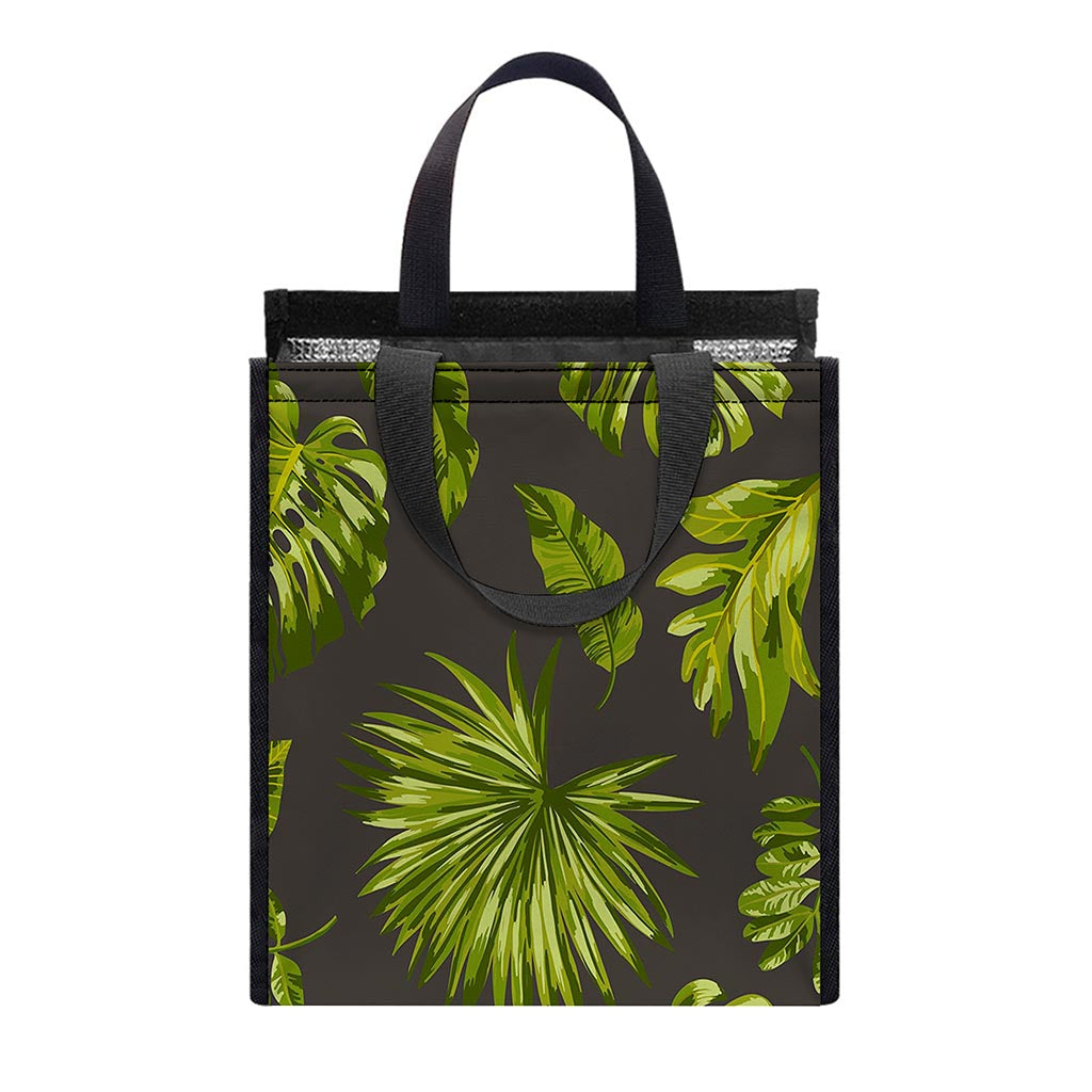 Dark Tropical Leaf Pattern Print Insulated Lunch Tote