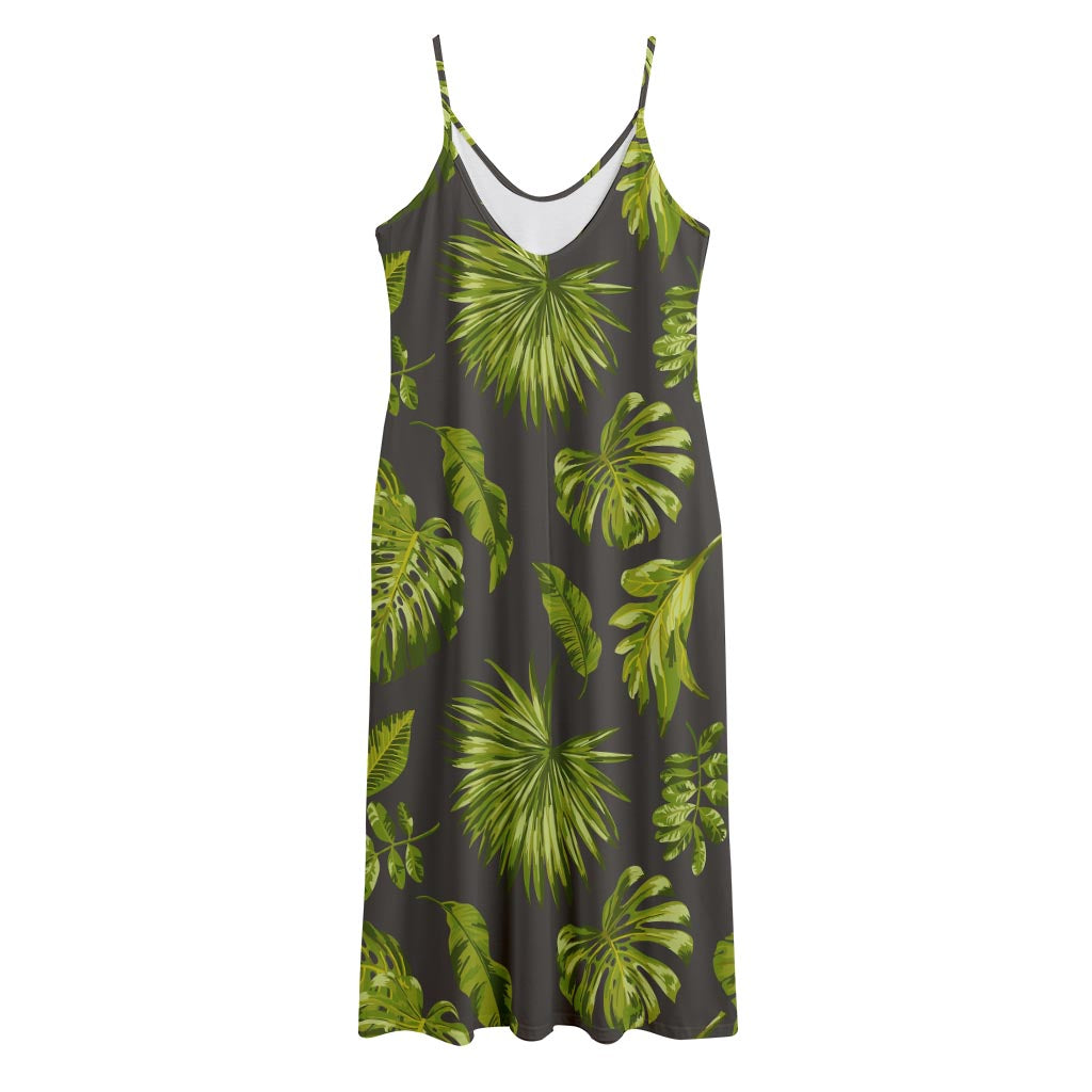 Dark Tropical Leaf Pattern Print Jersey Midi Cami Dress