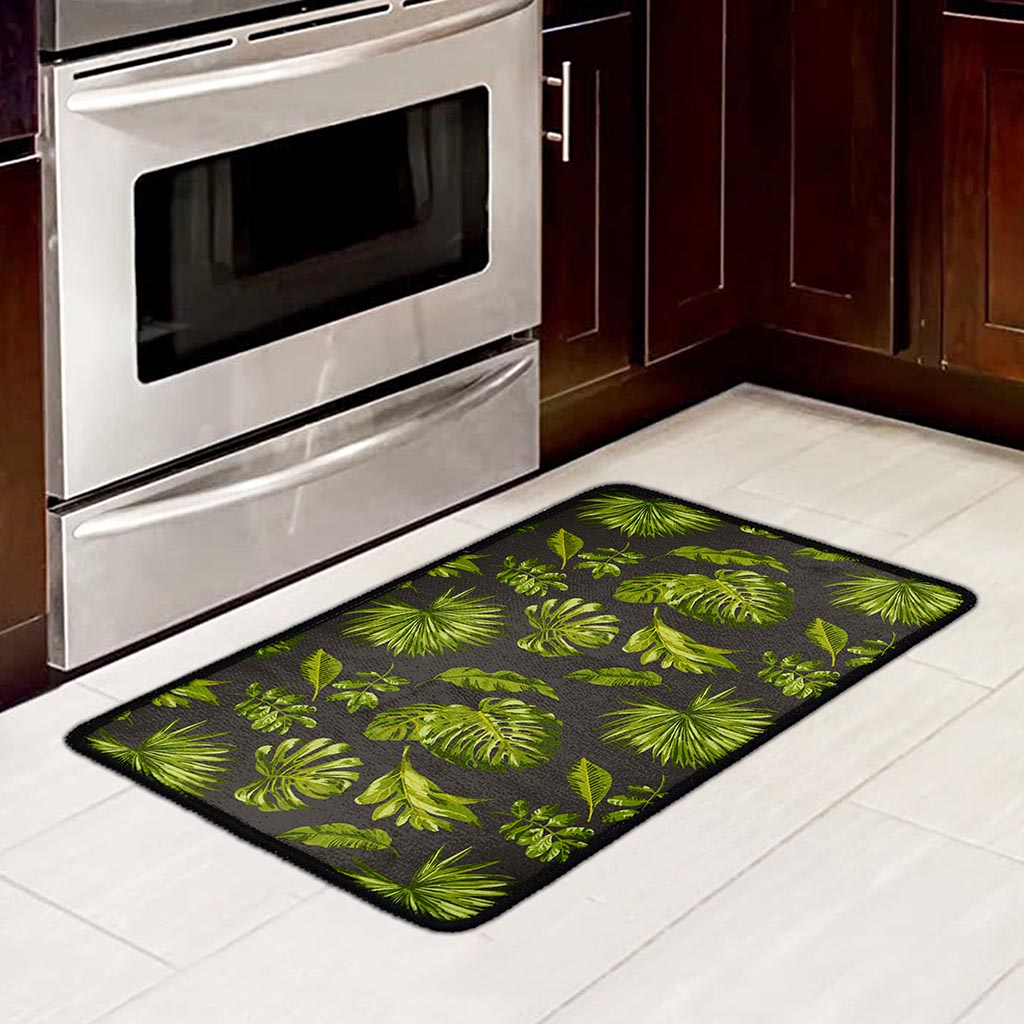 Dark Tropical Leaf Pattern Print Kitchen Mat