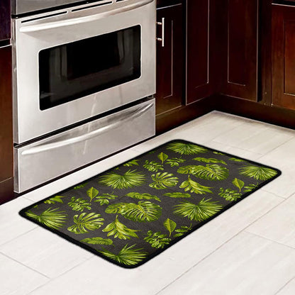 Dark Tropical Leaf Pattern Print Kitchen Mat