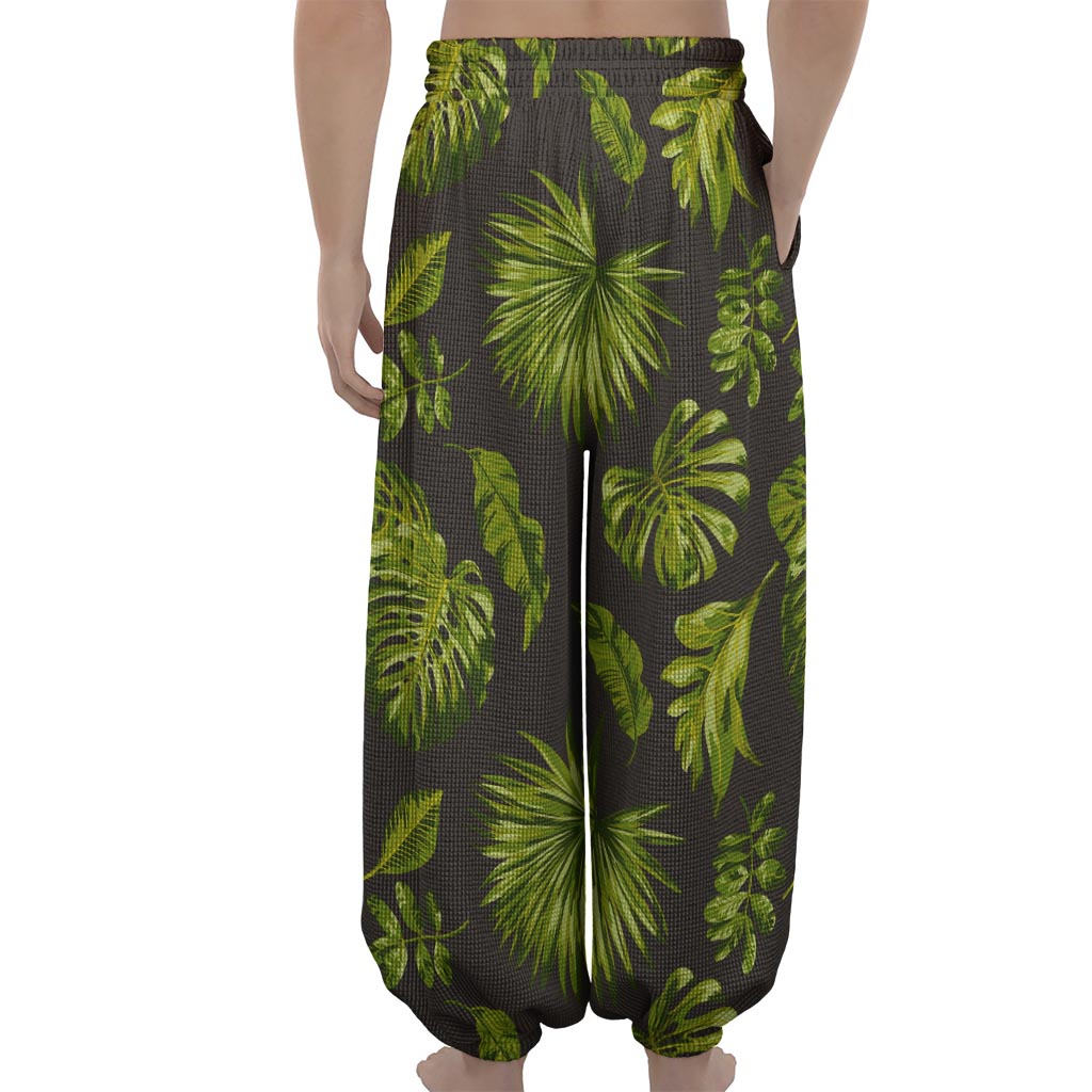 Dark Tropical Leaf Pattern Print Lantern Pants