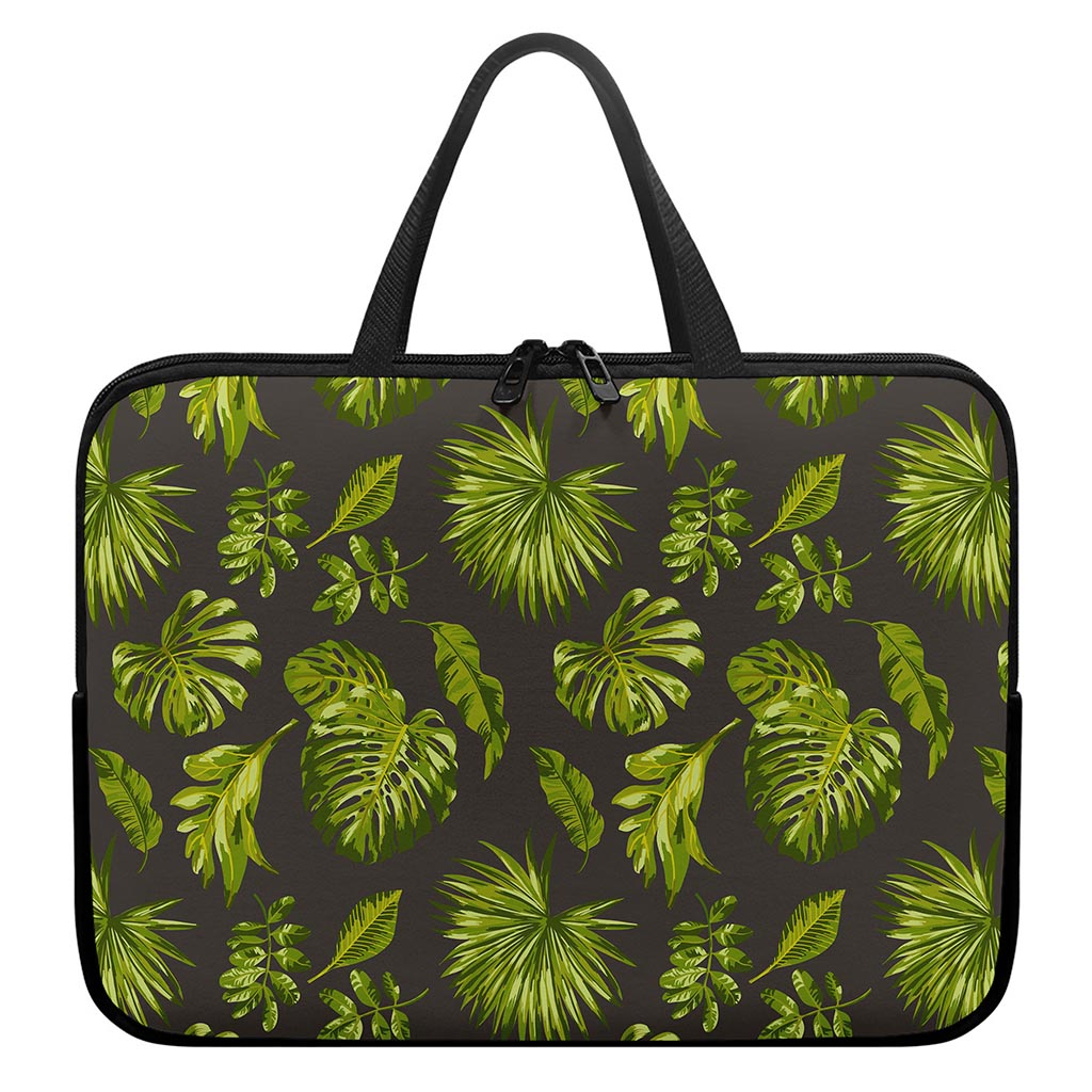 Dark Tropical Leaf Pattern Print Laptop Sleeve With Handle