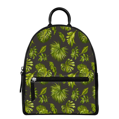 Dark Tropical Leaf Pattern Print Leather Backpack