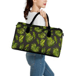 Dark Tropical Leaf Pattern Print Leather Duffle Bag