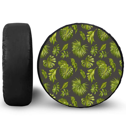 Dark Tropical Leaf Pattern Print Leather Spare Tire Cover