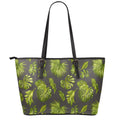 Dark Tropical Leaf Pattern Print Leather Tote Bag With Zipper