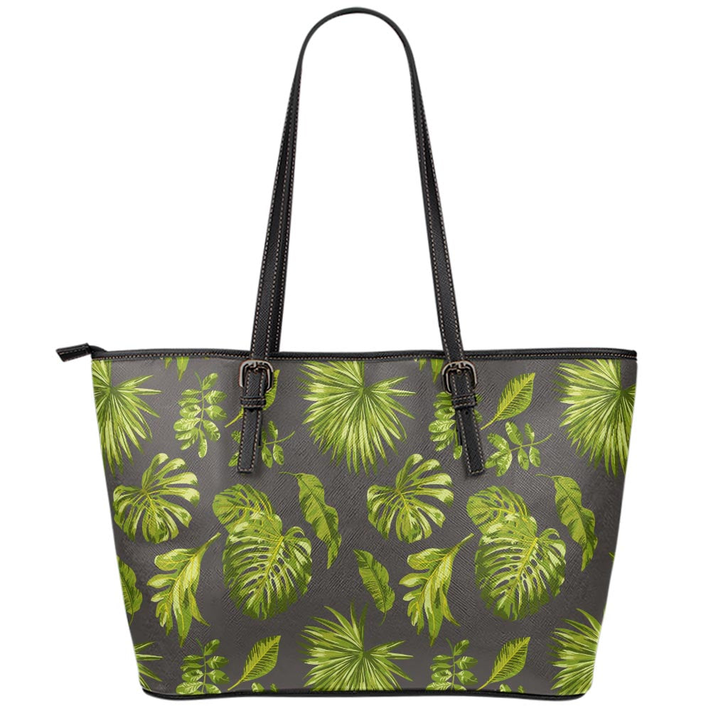 Dark Tropical Leaf Pattern Print Leather Tote Bag