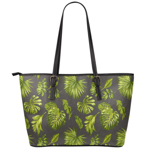 Dark Tropical Leaf Pattern Print Leather Tote Bag