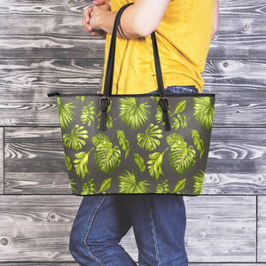 Dark Tropical Leaf Pattern Print Leather Tote Bag