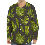 Dark Tropical Leaf Pattern Print Long Sleeve Baseball Jersey