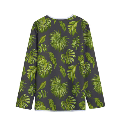 Dark Tropical Leaf Pattern Print Long Sleeve Short Coat