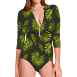 Dark Tropical Leaf Pattern Print Long Sleeve Swimsuit