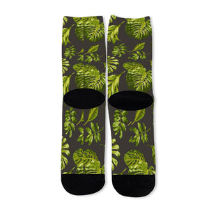 Dark Tropical Leaf Pattern Print Long Socks