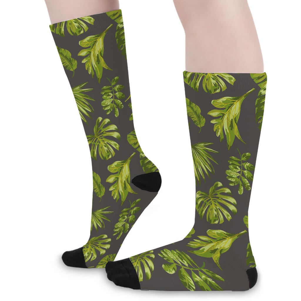 Dark Tropical Leaf Pattern Print Long Socks