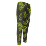 Dark Tropical Leaf Pattern Print Men's Compression Pants