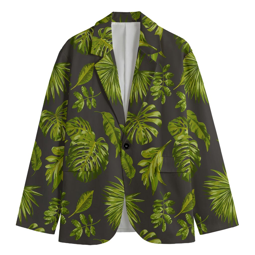 Dark Tropical Leaf Pattern Print Men's Cotton Blazer