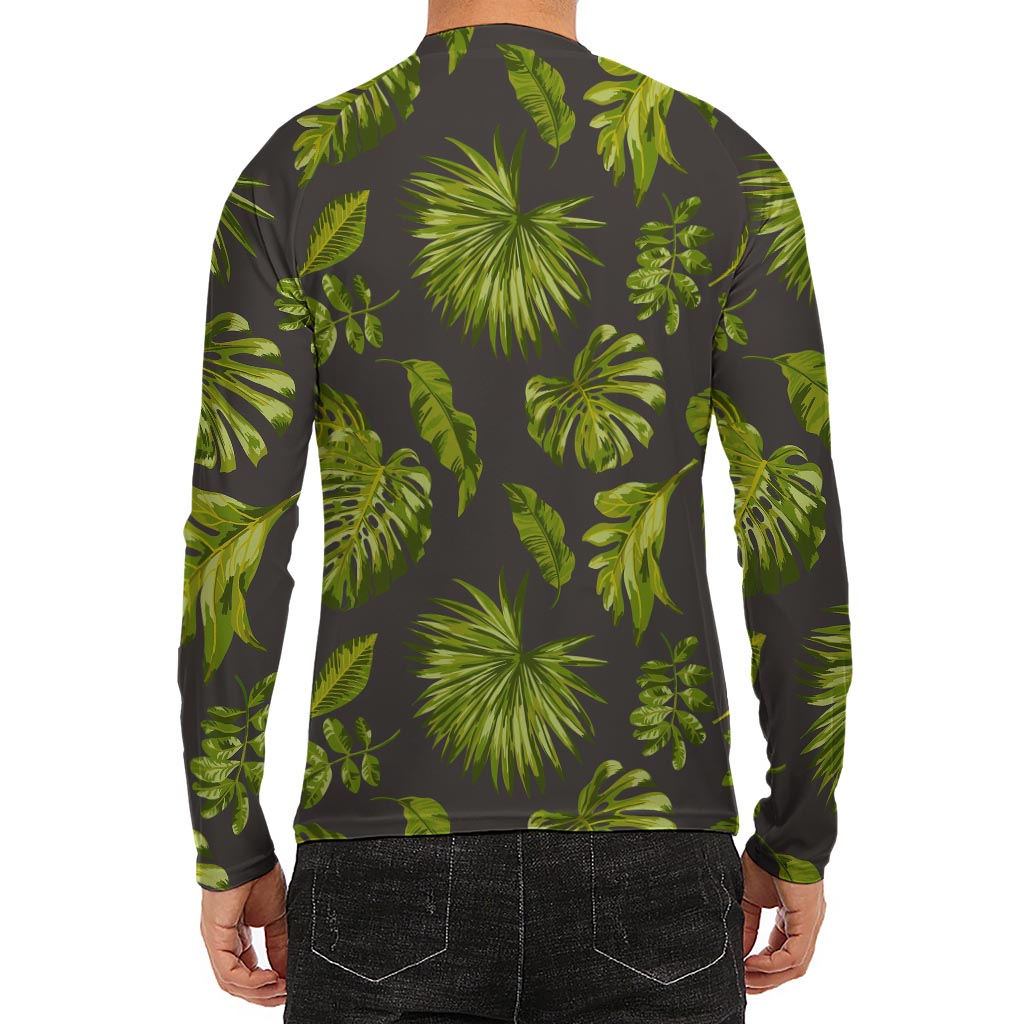 Dark Tropical Leaf Pattern Print Men's Long Sleeve Rash Guard