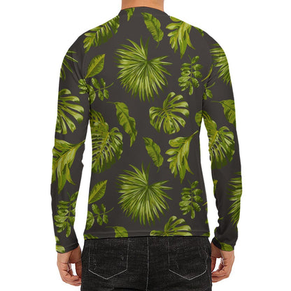 Dark Tropical Leaf Pattern Print Men's Long Sleeve Rash Guard