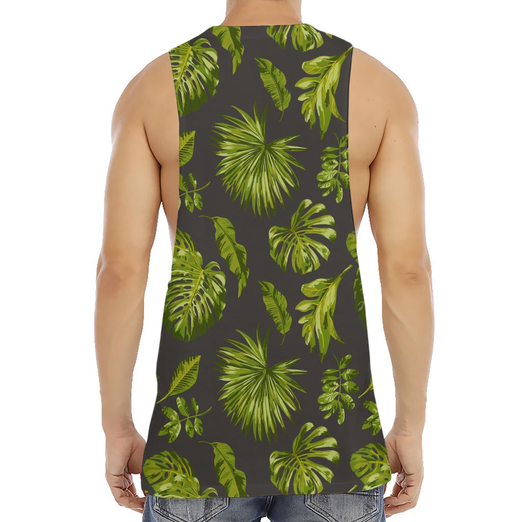 Dark Tropical Leaf Pattern Print Men's Muscle Tank Top