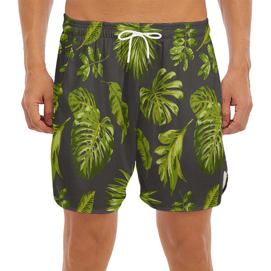 Dark Tropical Leaf Pattern Print Men's Split Running Shorts