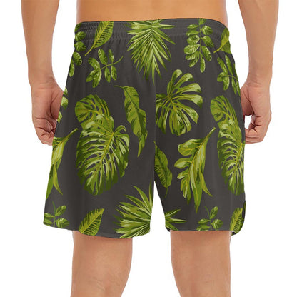 Dark Tropical Leaf Pattern Print Men's Split Running Shorts