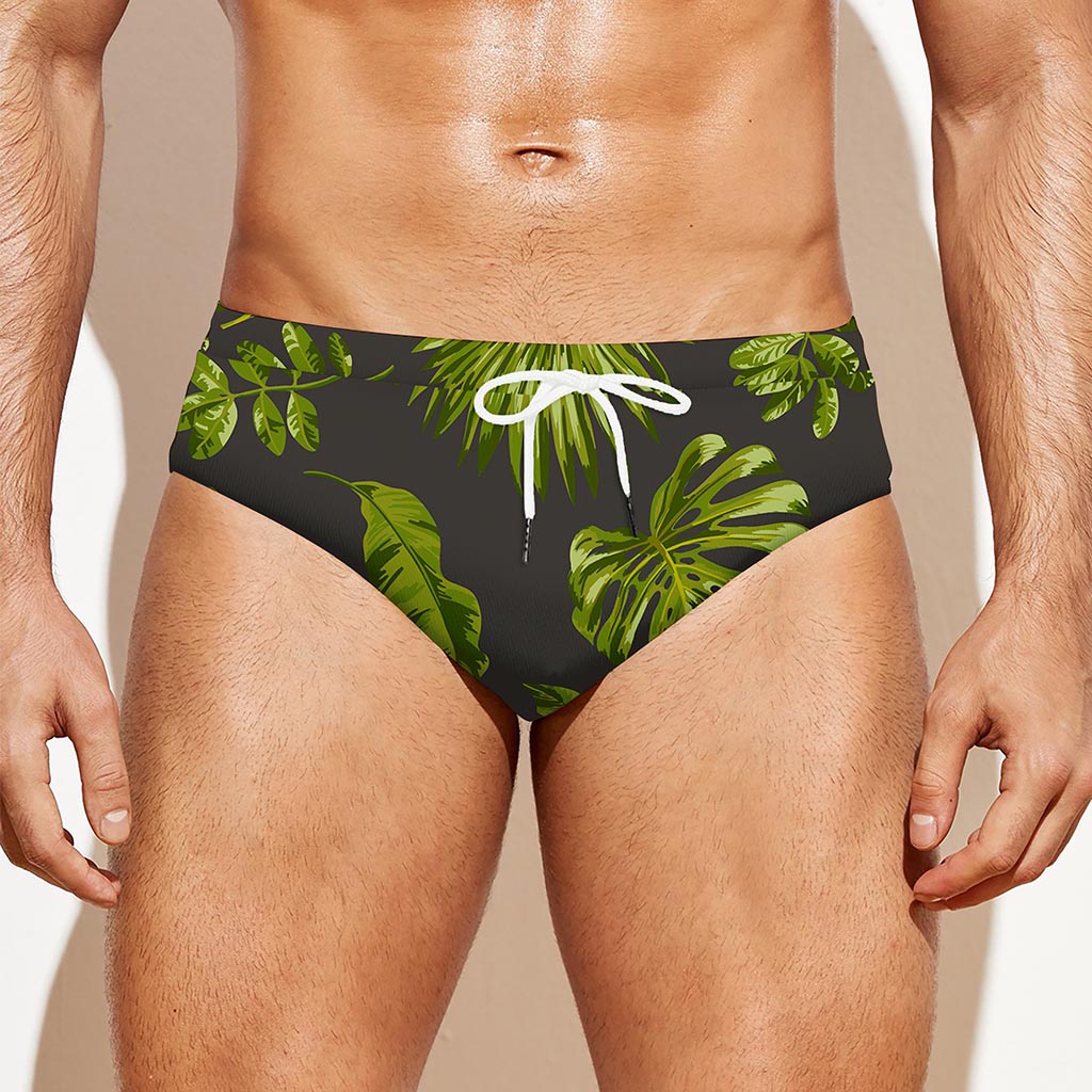 Dark Tropical Leaf Pattern Print Men's Swim Briefs