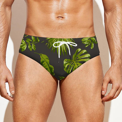 Dark Tropical Leaf Pattern Print Men's Swim Briefs