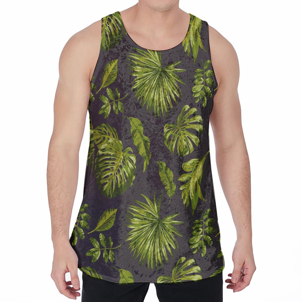 Dark Tropical Leaf Pattern Print Men's Velvet Tank Top