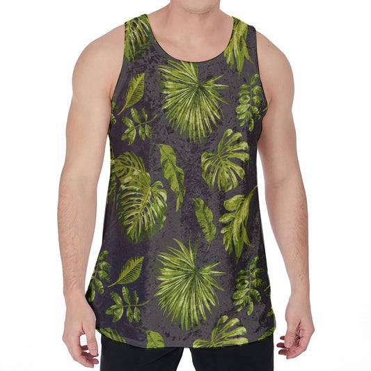 Dark Tropical Leaf Pattern Print Men's Velvet Tank Top