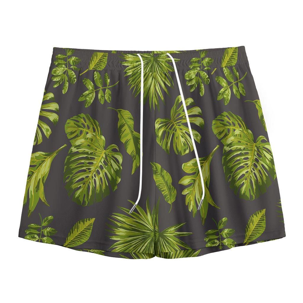 Dark Tropical Leaf Pattern Print Mesh Shorts