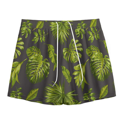 Dark Tropical Leaf Pattern Print Mesh Shorts