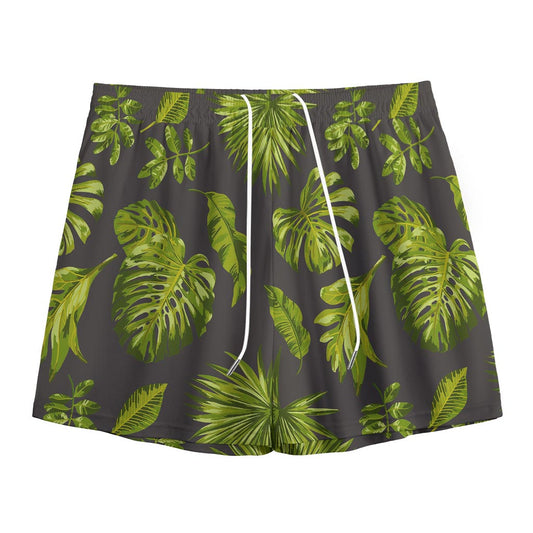 Dark Tropical Leaf Pattern Print Mesh Shorts